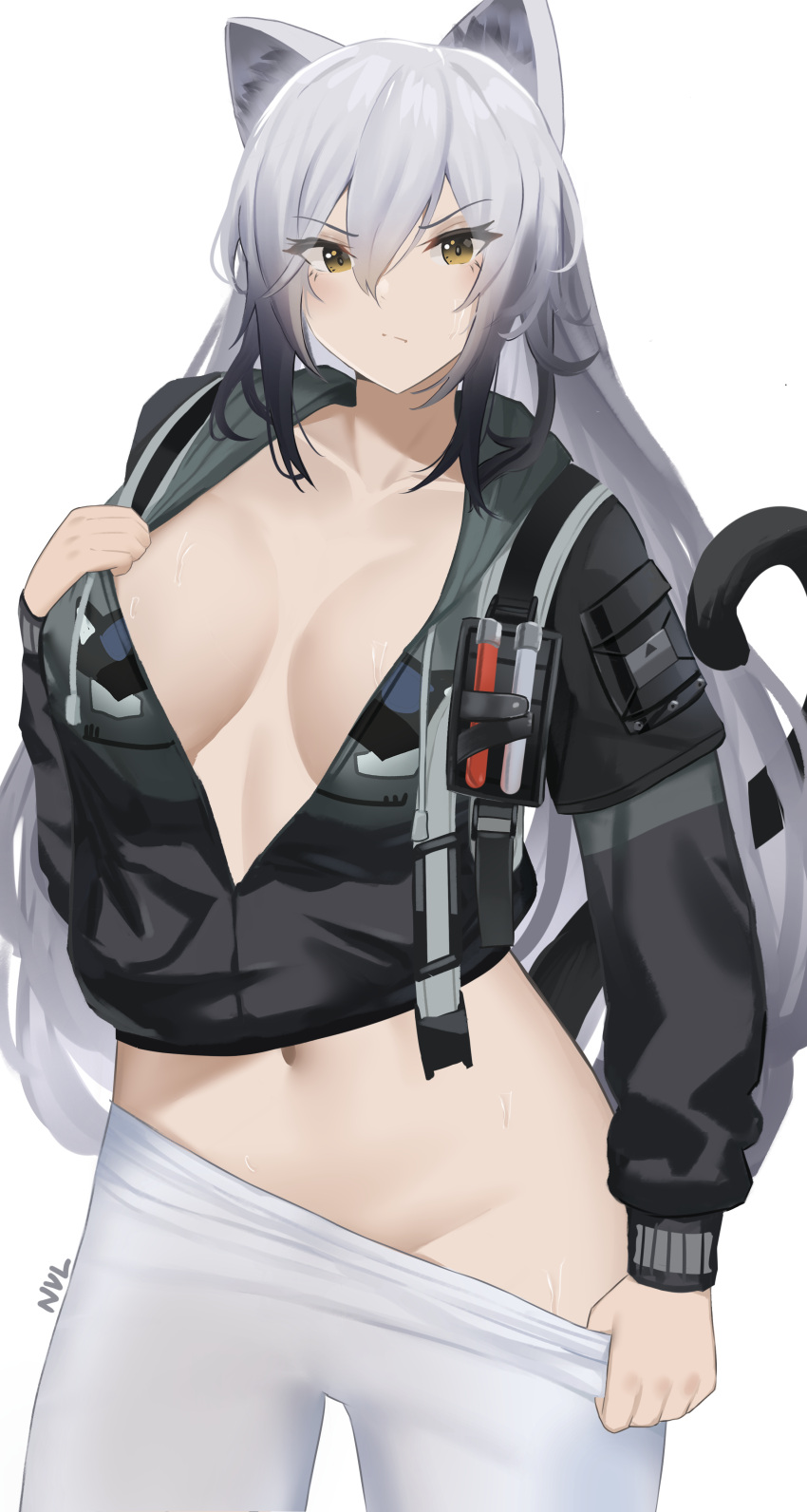 1girl absurdres animal_ears arknights black_jacket breasts cat_ears cat_girl cat_tail closed_mouth clothes_pull collarbone frown grey_hair highres jacket large_breasts long_hair long_sleeves looking_at_viewer midriff navel no_bra nvl open_clothes open_jacket pants pants_pull ponytail schwarz_(arknights) schwarz_(skyline)_(arknights) solo sweat tail v-shaped_eyebrows very_long_hair white_pants yellow_eyes