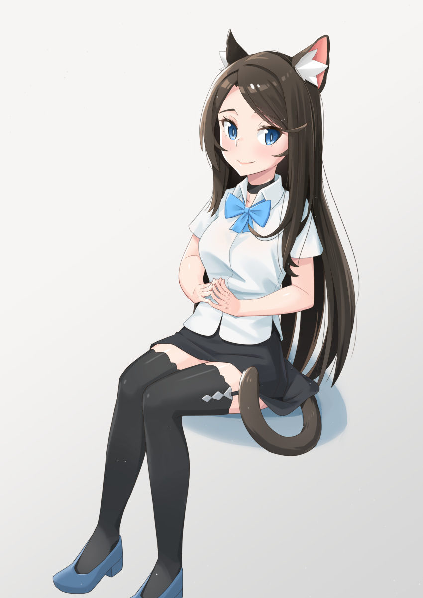 1girl absurdres aina_(mao_lian) animal_ear_fluff animal_ears black_choker black_legwear black_skirt blue_bow blue_eyes blue_footwear blue_neckwear bow bowtie bright_pupils brown_hair cat_ears cat_tail choker closed_mouth grey_background highres invisible_chair long_hair mao_lian_(nekokao) miniskirt original own_hands_together shirt shoes short_sleeves simple_background sitting skirt smile solo steepled_fingers tail thigh-highs white_pupils white_shirt