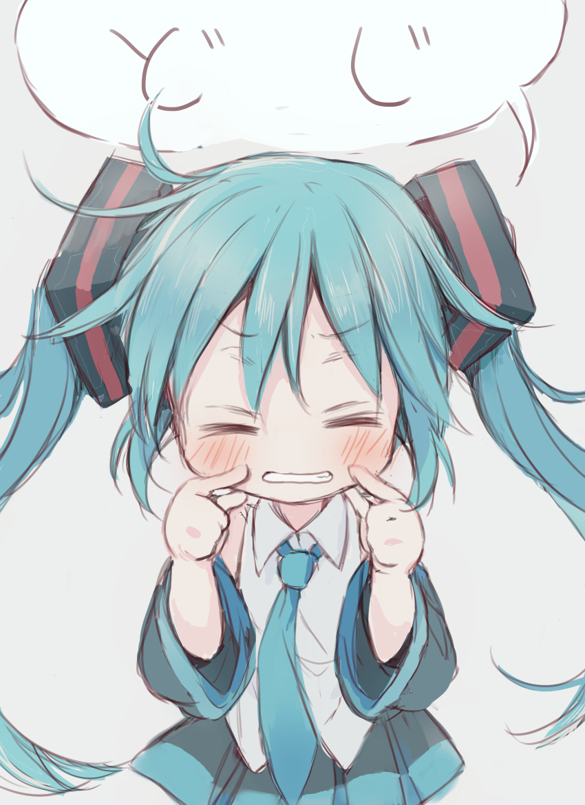 1girl absurdres bangs black_skirt black_sleeves blue_hair blue_neckwear blush cheek_pinching clenched_teeth closed_mouth collared_shirt detached_sleeves eyebrows_visible_through_hair facing_viewer grey_background hair_between_eyes hands_up hatsune_miku highres hitode long_hair long_sleeves necktie pinching pleated_skirt shirt simple_background skirt sleeveless sleeveless_shirt solo teeth translation_request twintails very_long_hair vocaloid white_shirt wide_sleeves