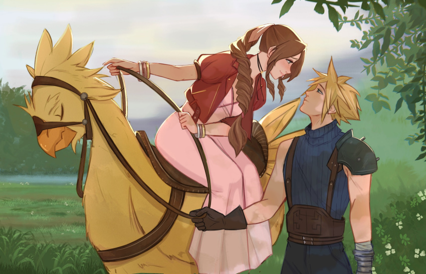 1boy 1girl aerith_gainsborough bangs blonde_hair blue_eyes blue_pants braid brown_hair chocobo cloud_strife dress final_fantasy final_fantasy_vii forest from_side green_eyes hair_ribbon highres long_hair looking_at_another nature pants pink_ribbon ribbon riding sidelocks sleeveless spiky_hair turtleneck vanekairi white_dress