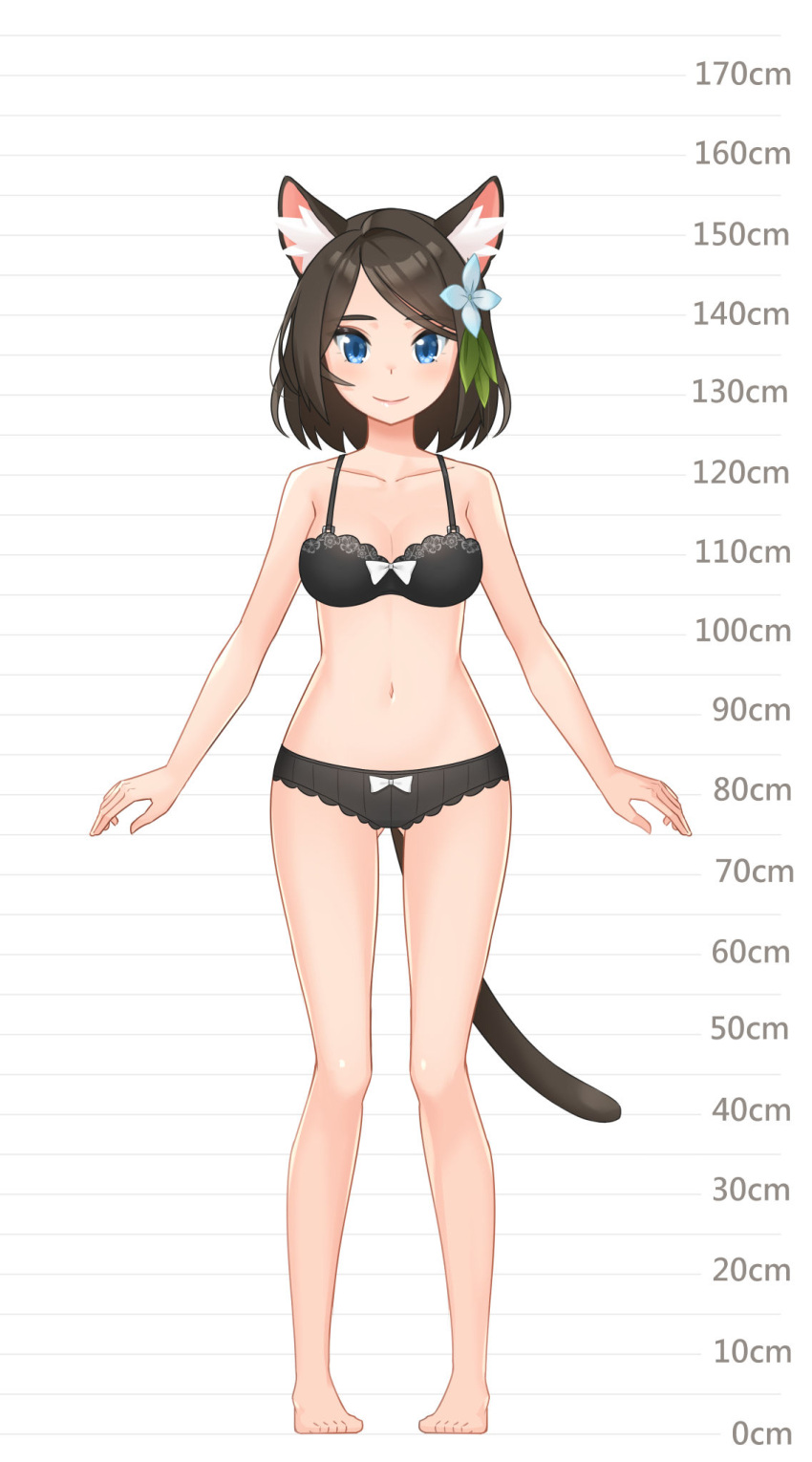 1girl aina_(mao_lian) animal_ear_fluff animal_ears arms_at_sides bare_arms bare_legs bare_shoulders barefoot blue_eyes bow bow_bra bow_panties bra breasts brown_bra brown_hair brown_panties cat_ears cat_tail closed_mouth full_body height_chart highres looking_at_viewer mao_lian_(nekokao) medium_breasts medium_hair navel original panties pigeon-toed smile solo standing tail underwear underwear_only white_bow