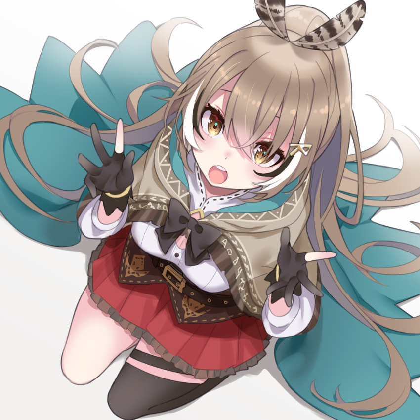 1girl brown_hair cloak feather_hair_ornament feathers gloves green_cloak hair_ornament hairclip highres hololive hololive_english multicolored_hair nanashi_mumei partially_fingerless_gloves red_skirt single_thighhigh skirt solo somnium streaked_hair thigh-highs virtual_youtuber white_hair yellow_eyes
