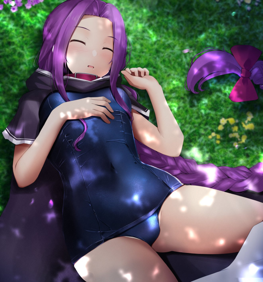 1girl black_cloak blush braid breasts cape capelet cloak closed_eyes fate/grand_order fate_(series) grass highres kuro_yanagi long_hair lying medusa_(fate) medusa_(lancer)_(fate) navel old_school_swimsuit on_back one-piece_swimsuit purple_hair school_swimsuit single_braid sleeping small_breasts solo swimsuit translation_request