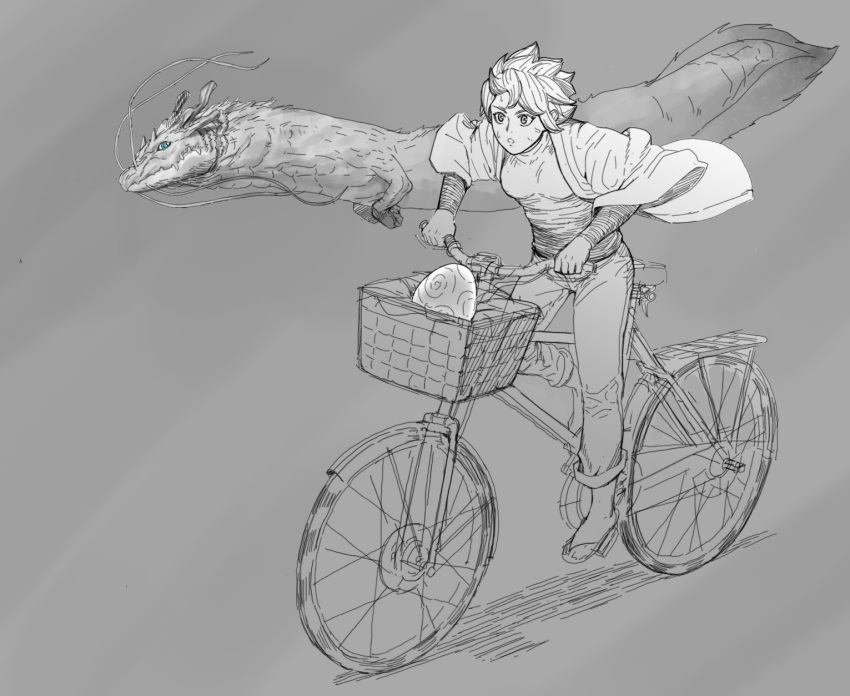 1girl bicycle commentary dated_commentary dragon driving eastern_dragon egg english_commentary grey_background greyscale ground_vehicle highres jacket long_sleeves monochrome original pants parted_lips sandals shirt spot_color western_dragon y_naf