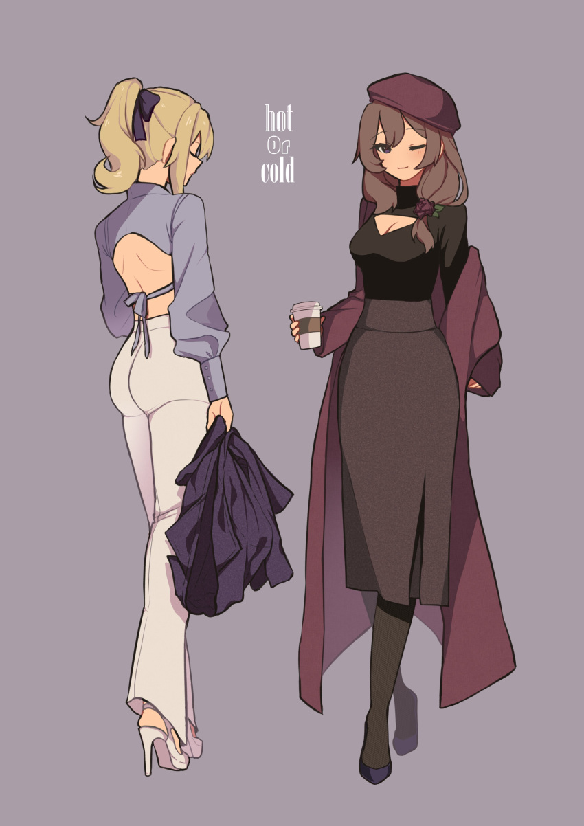 2girls 5mi_gi absurdres ass back_cutout beret black_footwear black_legwear black_sweater blonde_hair blue_bow blue_shirt bow breasts brown_hair cleavage_cutout clothing_cutout coat contemporary cup disposable_cup from_behind genshin_impact grey_skirt hair_bow hat high-waist_skirt high_heels high_ponytail highres holding holding_cup jean_(genshin_impact) large_breasts lisa_(genshin_impact) long_sleeves looking_at_viewer low_ponytail multiple_girls one_eye_closed pants puffy_long_sleeves puffy_sleeves purple_coat purple_headwear shirt side_ponytail skirt sweater turtleneck white_footwear white_pants