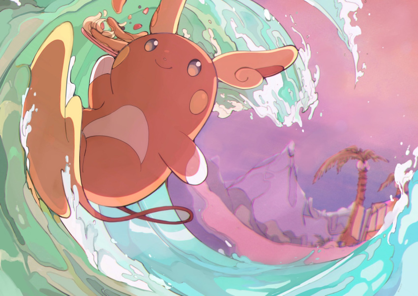 alolan_form alolan_raichu closed_mouth commentary_request gen_7_pokemon gigm777 highres no_humans outdoors outstretched_arms palm_tree pokemon pokemon_(creature) sky smile solo standing surfing tree water water_drop