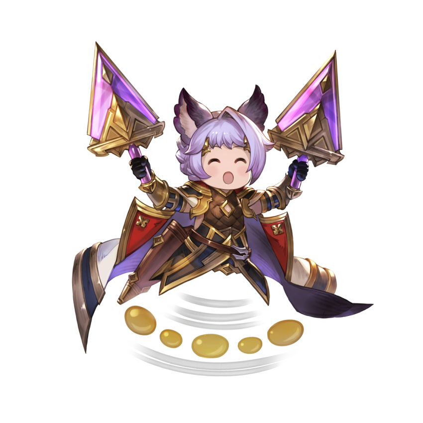 1boy animal_ears armpits black_gloves braid cape chibi closed_eyes closed_mouth dagger diamond_(shape) dual_wielding elbow_gloves erune french_braid full_body gloves granblue_fantasy hair_ornament holding holding_weapon knife male_focus minaba_hideo official_art open_mouth purple_hair quatre_(granblue_fantasy) sheath sleeveless solo transparent_background unsheathed weapon
