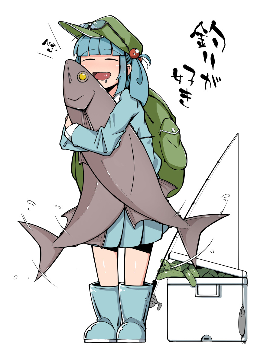 1girl :d absurdres animal backpack bag blue_footwear blue_hair blue_skirt blush boots closed_eyes cucumber drooling fish fishing_rod flanvia full_body green_headwear hat highres holding holding_animal holding_fish kawashiro_nitori miniskirt open_mouth pleated_skirt rubber_boots simple_background skirt smile solo touhou translation_request white_background