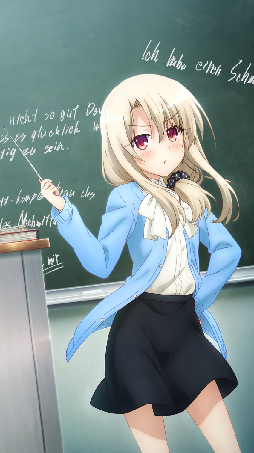 1girl :t absurdres black_scrunchie black_skirt blue_shirt cardigan chalkboard contrapposto cosplay cowboy_shot ellen_baker ellen_baker_(cosplay) eyebrows_visible_through_hair fate/kaleid_liner_prisma_illya fate_(series) game_cg german_text hair_ornament hair_over_shoulder hair_scrunchie hand_on_hip highres illyasviel_von_einzbern indoors light_brown_hair long_sleeves looking_at_viewer new_horizon official_art pointer polka_dot polka_dot_scrunchie pout red_eyes scrunchie shirt sidelocks skirt solo standing teacher v-shaped_eyebrows white_shirt