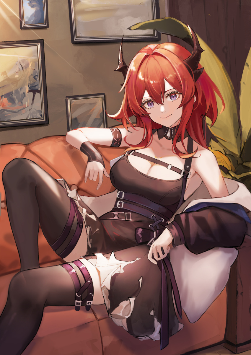 1girl absurdres arknights bare_shoulders commentary dress ema_(kuguiema) highres horns infection_monitor_(arknights) long_hair looking_at_viewer painting_(object) pantyhose short_dress sitting smile solo surtr_(arknights) thigh_strap violet_eyes