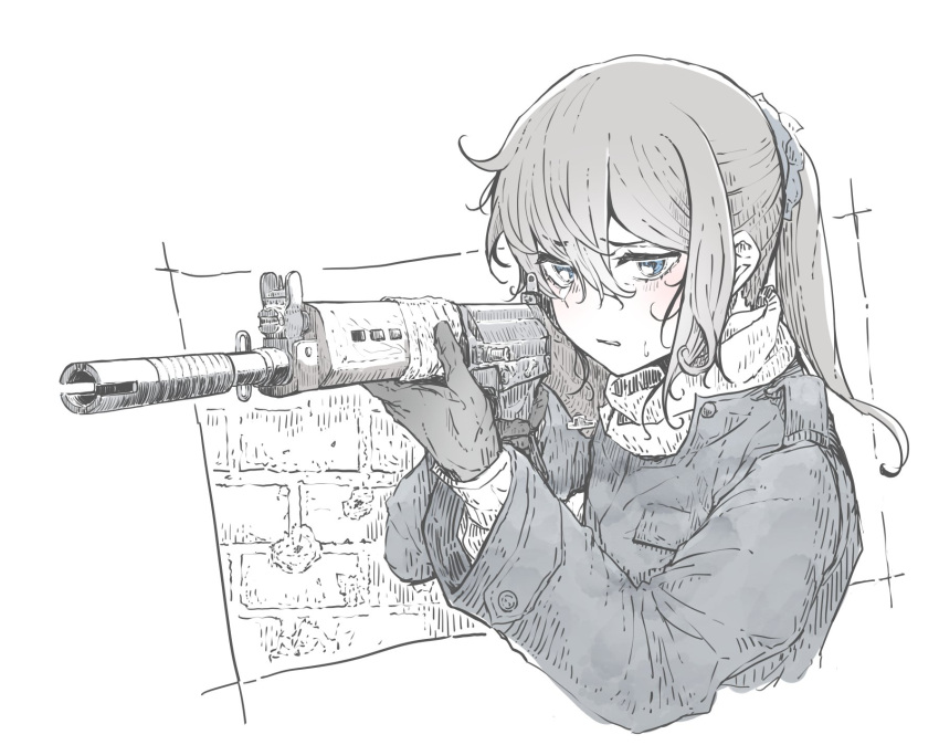 1girl aiming battle_rifle black_gloves coat fn_fal gloves gun hair_between_eyes highres holding holding_gun holding_weapon long_sleeves monochrome original ponytail rifle scarf shichisaburo sidelocks solo weapon worried