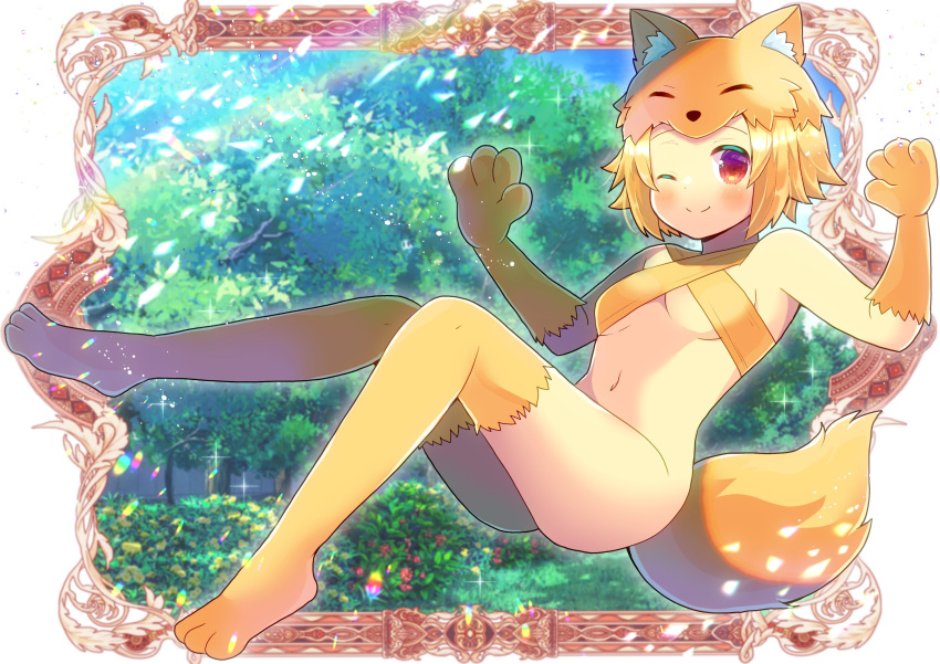 1girl animal_feet animal_hands blonde_hair blush bottomless breasts bush closed_mouth commentary_request commission flower fox_girl fox_hat fox_tail full_body highres kou_hiyoyo looking_at_viewer moonlight_flower one_eye_closed ragnarok_online red_eyes red_flower second-party_source short_hair skeb_commission small_breasts smile solo sparkle tail tree yellow_flower