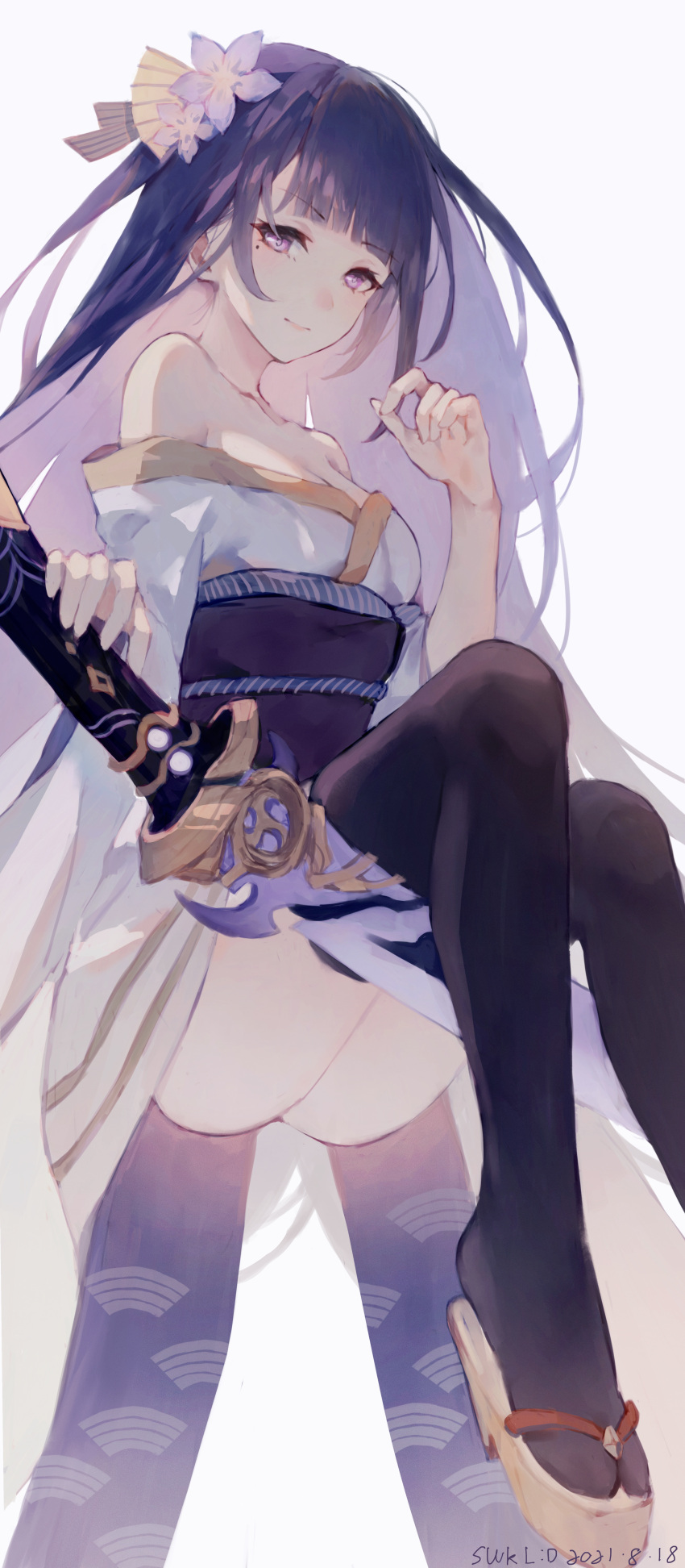 1girl absurdres bangs bare_shoulders blunt_bangs breasts dated full_body genshin_impact highres japanese_clothes kimono long_hair looking_at_viewer mole mole_under_eye purple_hair raiden_(genshin_impact) slippers smile solo swkl:d sword thigh-highs violet_eyes weapon