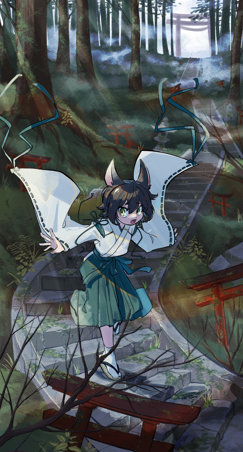 1boy :d absurdres androgynous animal_ears aqua_hakama aqua_ribbon black_hair clothing_request commentary_request commission day eyebrows_visible_through_hair fang forest grass green_eyes hair_between_eyes hakama highres japanese_clothes kanauo_(tansui_kanauo) light_beam long_sleeves looking_at_viewer male_focus medium_hair multiple_sources nature open_mouth original outdoors outstretched_arms ribbon ribbon-trimmed_sleeves ribbon_trim skeb_commission smile socks solo spread_arms stairs stone_lantern torii tree tsurime walking white_legwear wide_shot wide_sleeves zouri