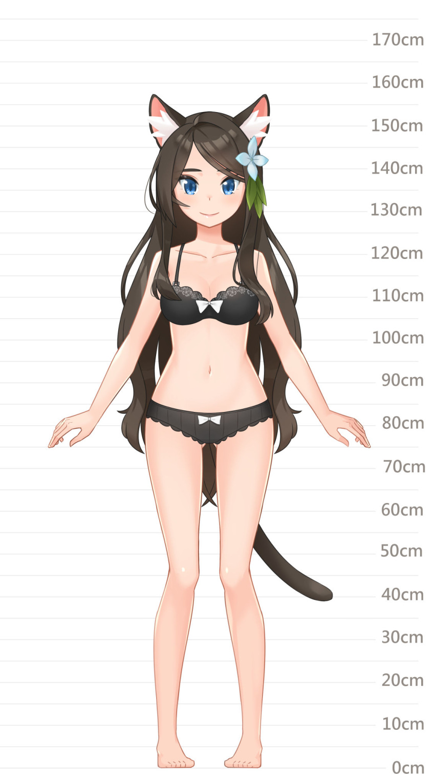1girl aina_(mao_lian) animal_ear_fluff animal_ears arms_at_sides bare_arms bare_legs bare_shoulders barefoot blue_eyes bow bow_bra bow_panties bra breasts brown_bra brown_hair brown_panties cat_ears cat_tail closed_mouth full_body height_chart highres long_hair looking_at_viewer mao_lian_(nekokao) medium_breasts navel original panties pigeon-toed smile solo standing tail underwear underwear_only very_long_hair white_bow