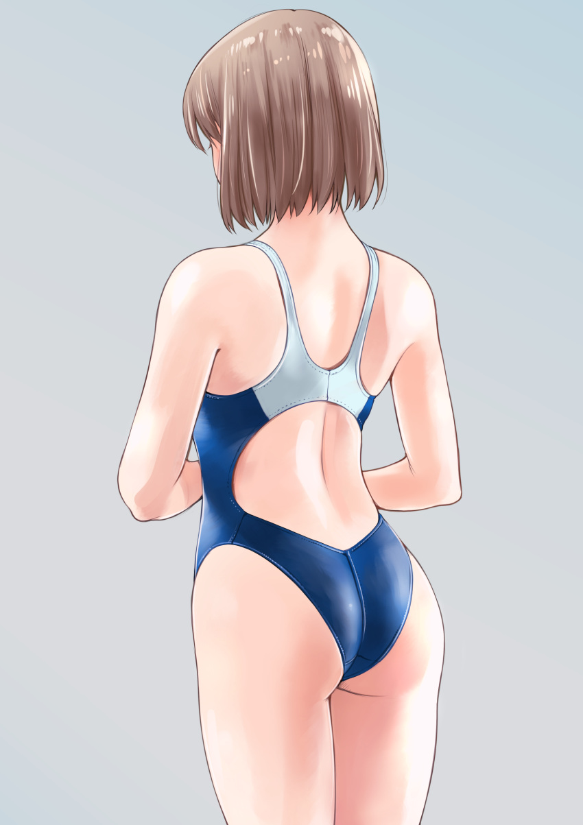 1girl absurdres ass blue_swimsuit brown_hair commentary_request competition_swimsuit cowboy_shot from_behind grey_background highres macosee multicolored multicolored_clothes multicolored_swimsuit one-piece_swimsuit original short_hair simple_background solo standing swimsuit