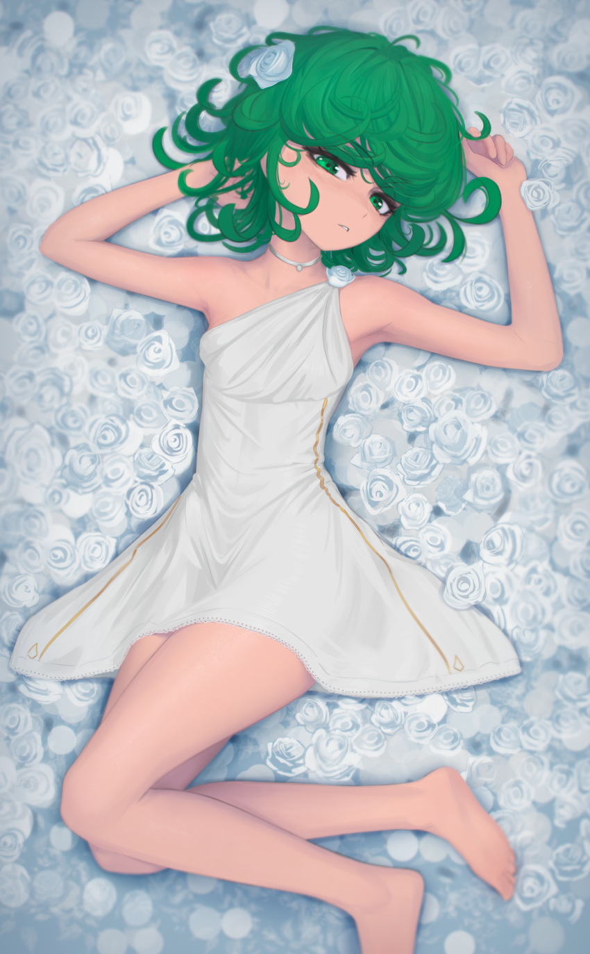 1girl absurdres arm_behind_head barefoot breasts daniel_deves dress eyebrows_visible_through_hair floral_background flower green_eyes green_hair hair_flower hair_ornament highres huge_filesize jewelry looking_at_viewer lying messy_hair necklace on_back one-punch_man rose short_hair small_breasts solo tatsumaki thighs white_dress white_flower white_rose