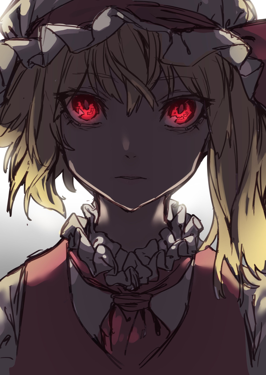 1girl absurdres blonde_hair flandre_scarlet glowing glowing_eyes hat highres looking_at_viewer necktie one_side_up parted_lips red_eyes red_neckwear red_vest reiga_(act000) sanpaku simple_background solo touhou upper_body vest white_background white_headwear