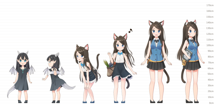2girls :d :o absurdres aina_(mao_lian) animal_ear_fluff animal_ears arms_at_sides bag bare_arms bare_shoulders black_bow black_dress black_footwear black_hair black_neckwear black_skirt blue_bow blue_eyes blue_footwear blue_neckwear blue_vest blush book bow bowtie brown_footwear brown_hair cat_ears cat_tail child closed_mouth collared_shirt dot_nose dragon_girl dragon_horns dragon_tail dragon_wings dress from_behind full_body hands_on_own_knees height_chart high-waist_skirt highres holding holding_book horns long_hair looking_at_viewer looking_back mao_lian_(nekokao) miniskirt multiple_girls multiple_views musical_note open_mouth original pigeon-toed pleated_skirt pointy_ears pouch shirt shoes sideways_glance skirt sleeveless sleeveless_shirt slit_pupils smile solo standing tail tail_raised very_long_hair vest white_shirt wind wind_lift wing_collar wings