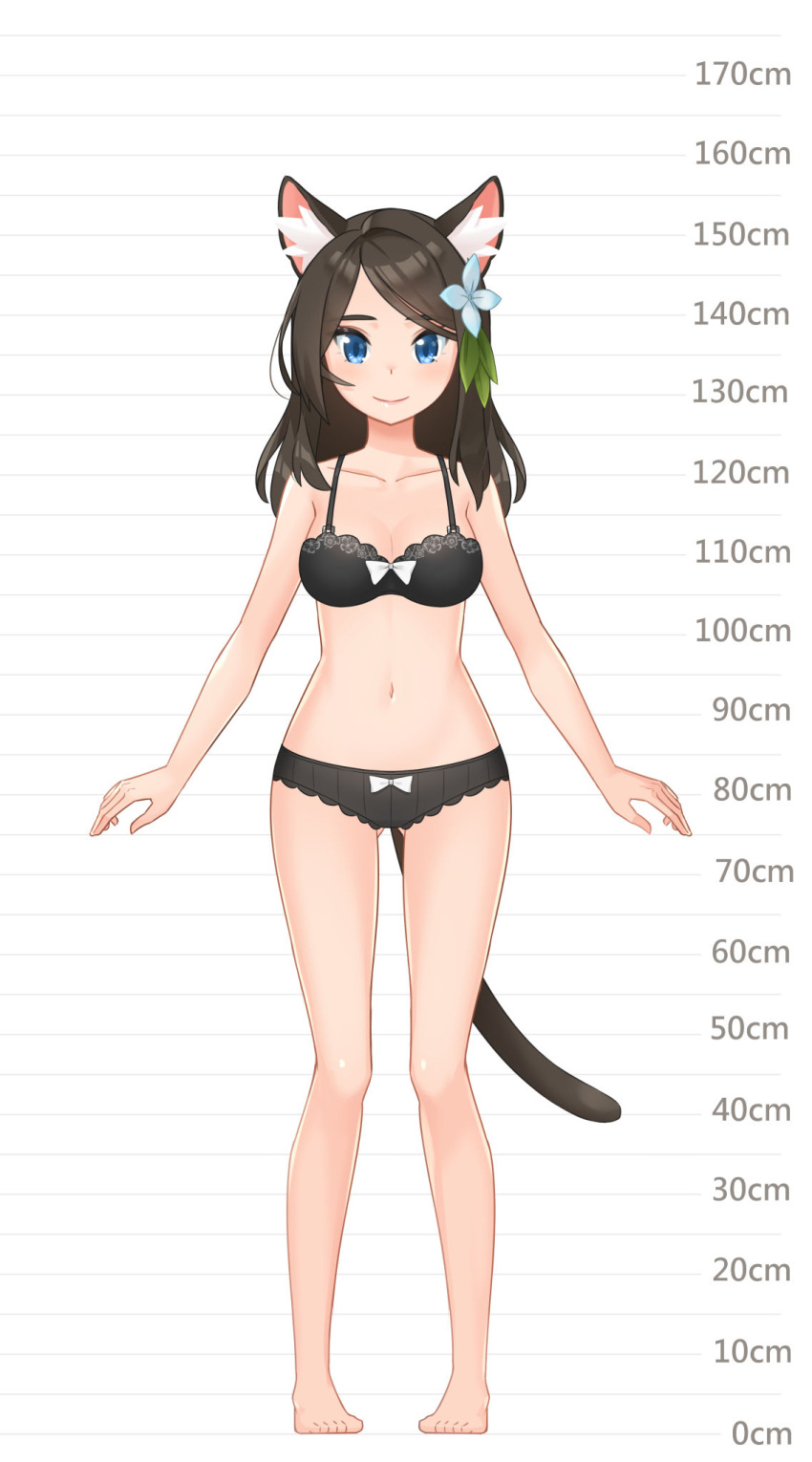 1girl aina_(mao_lian) animal_ear_fluff animal_ears arms_at_sides bare_arms bare_legs bare_shoulders barefoot blue_eyes bow bow_bra bow_panties bra breasts brown_bra brown_hair brown_panties cat_ears cat_tail closed_mouth full_body height_chart highres long_hair looking_at_viewer mao_lian_(nekokao) medium_breasts navel original panties pigeon-toed smile solo standing tail underwear underwear_only white_bow