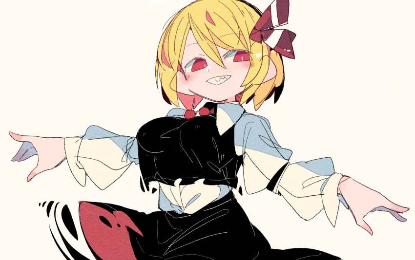 1girl bangs black_skirt black_vest blonde_hair breasts bright_pupils cowboy_shot eyebrows_visible_through_hair grin hair_between_eyes hair_ribbon highres juliet_sleeves long_sleeves looking_at_viewer massakasama medium_breasts outstretched_arms puffy_sleeves red_eyes red_ribbon ribbon rumia shirt short_hair simple_background skirt smile solo standing touhou upper_body vest white_background white_pupils white_shirt