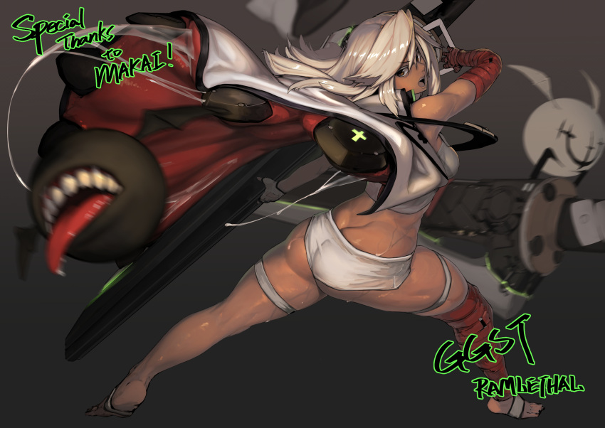 1girl 2others ass bandaged_arm bandaged_leg bandages barefoot blurry blurry_foreground breasts butt_crack cape character_name commission crop_top dark-skinned_female dark_skin english_commentary full_body grey_background guilty_gear guilty_gear_strive hat highres holding holding_sword holding_weapon huge_weapon living_clothes lucifero medium_breasts medium_hair multiple_others open_mouth orange_eyes platinum_blonde_hair ramlethal_valentine short_shorts shorts sleeveless solo_focus sweat sword thick_thighs thigh_strap thighs turning_head unizama upper_teeth weapon white_cape