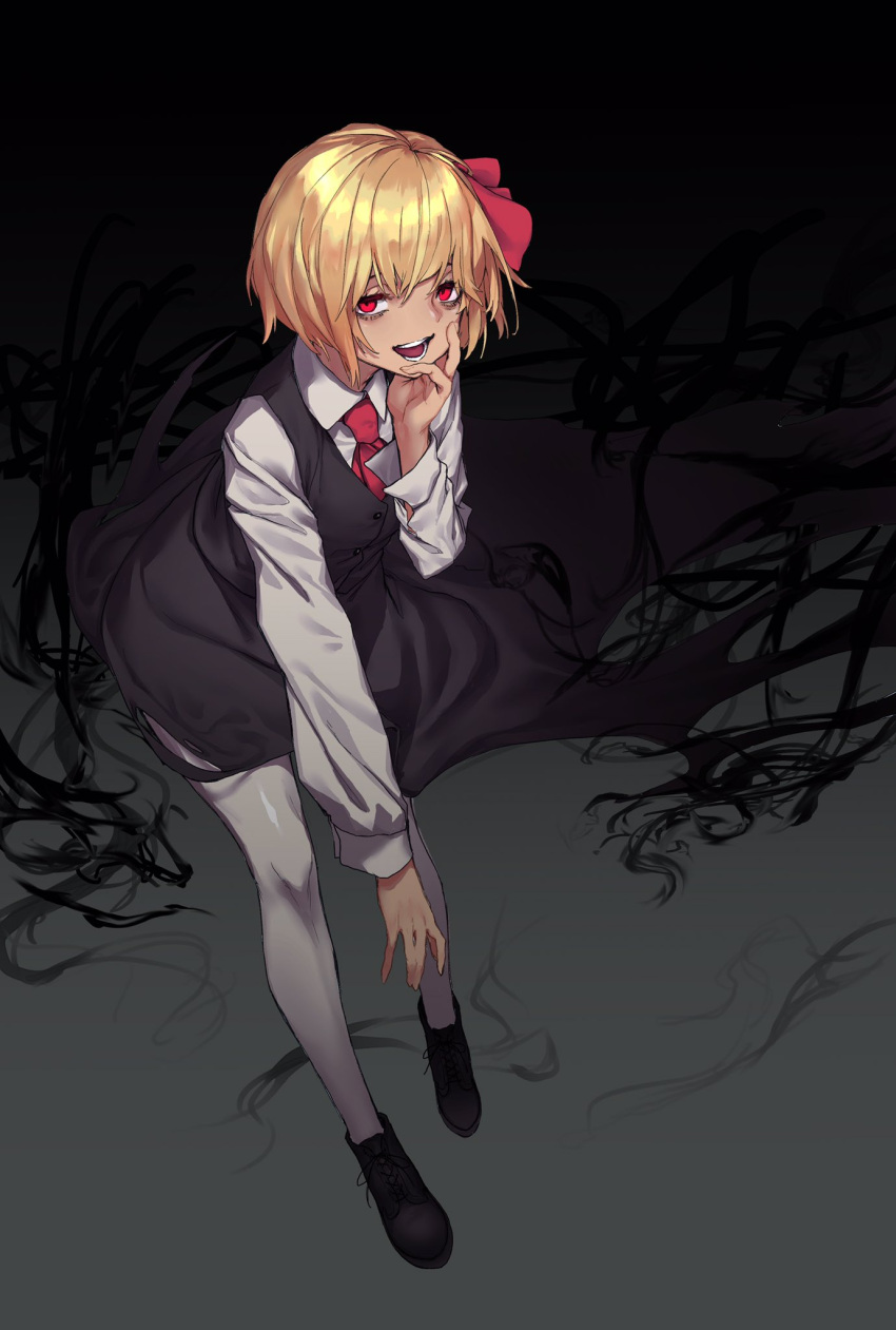1girl :d ascot black_footwear black_skirt black_vest blonde_hair hair_ornament hand_up highres long_sleeves looking_at_viewer open_mouth pantyhose red_eyes red_neckwear reiga_(act000) rumia shirt shoes skirt smile solo touhou vest white_legwear white_shirt