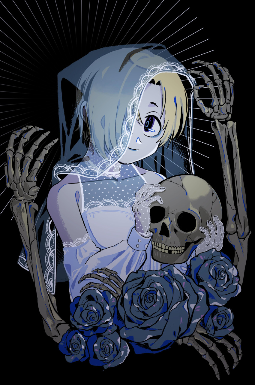 1girl absurdres bare_shoulders black_background blonde_hair blue_eyes blue_flower blue_lips blue_rose bridal_veil closed_mouth collarbone cropped_torso detached_sleeves dress flower hair_over_one_eye head_tilt highres idolmaster idolmaster_cinderella_girls kanauo_(tansui_kanauo) limited_palette looking_at_viewer polka_dot_gloves rose shirasaka_koume short_hair simple_background skeletal_arm skeletal_hand skull sleeveless sleeveless_dress smile solo transparent_gloves upper_body veil white_dress white_sleeves