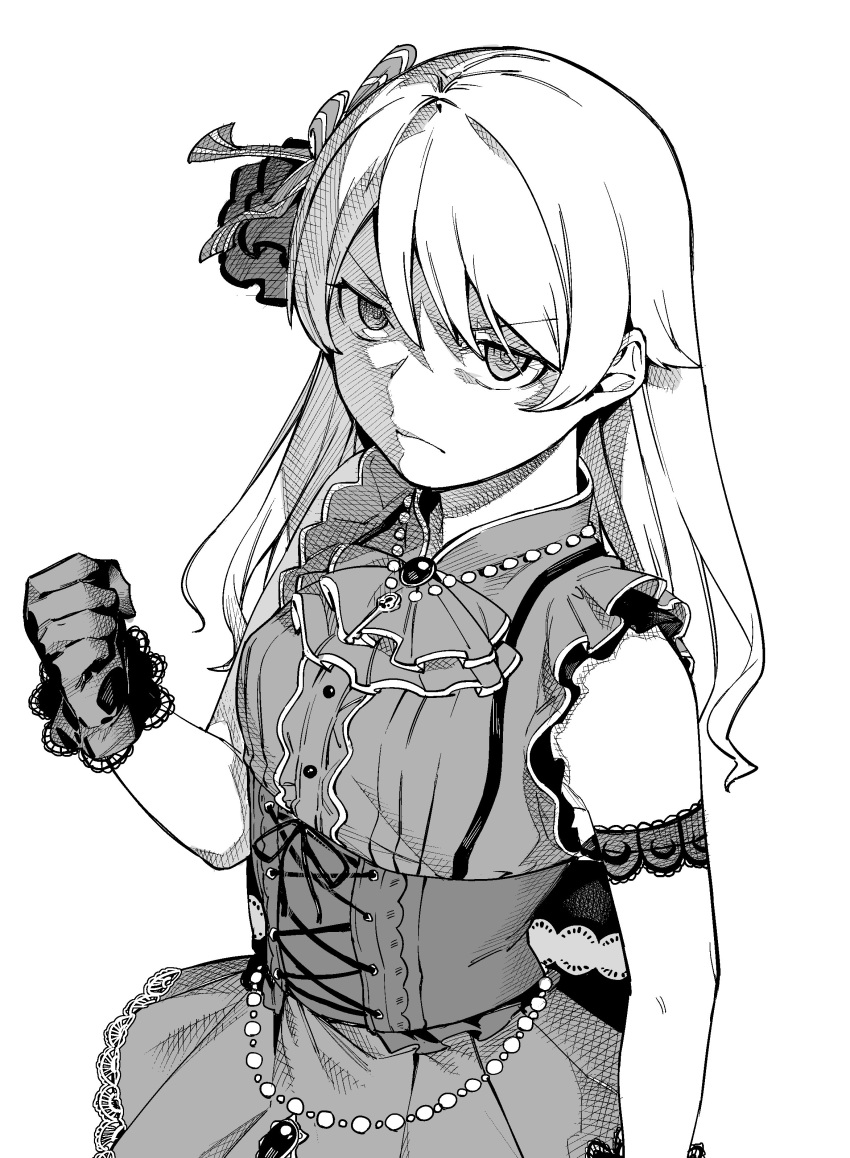 &gt;:( 1girl absurdres angry armband clenched_hand corset frown gem gloves greyscale hair_ornament highres idol_clothes idolmaster idolmaster_cinderella_girls key_necklace lace-trimmed_gloves lace_trim long_hair menea monochrome morikubo_nono simple_background solo v-shaped_eyebrows white_background
