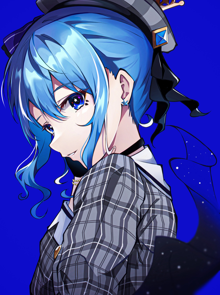 1girl absurdres bangs beret black_choker blue_background blue_eyes blue_hair bracelet choker commentary_request earrings eyebrows_visible_through_hair hat highres hololive hoshimachi_suisei jacket jewelry long_sleeves pension_z plaid plaid_jacket sidelocks simple_background solo star_(symbol) star_earrings star_in_eye symbol_in_eye virtual_youtuber