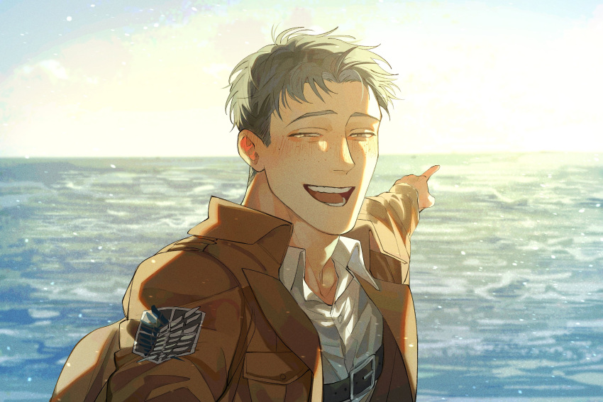 1boy blush chengzhineixihuanxiaogou closed_eyes highres horizon jacket male_focus marco_bodt narrowed_eyes ocean open_clothes open_jacket open_mouth outdoors scenery shingeki_no_kyojin shirt short_hair sky smile solo upper_body