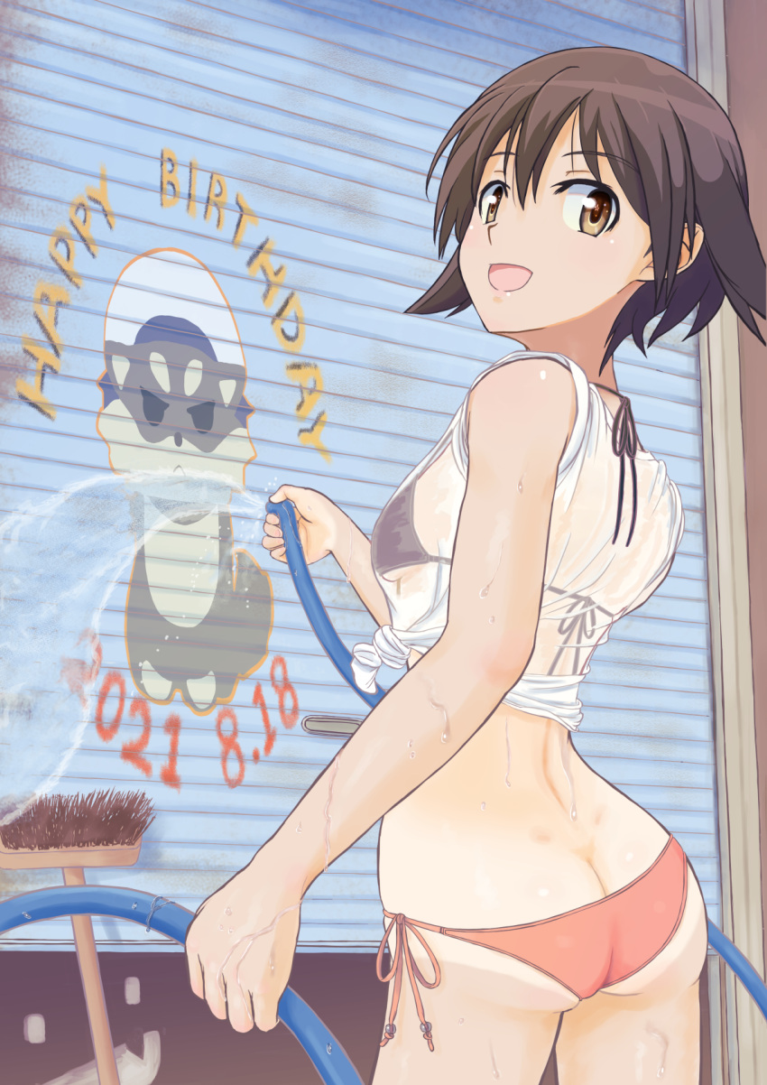 1girl ass bikini brown_eyes brown_hair butt_crack cleaning_brush contrapposto cowboy_shot dated from_behind happy_birthday highres hose keicha_(kmoekaki) looking_at_viewer looking_back mismatched_bikini miyafuji_yoshika see-through shirt short_hair side-tie_bikini solo standing strike_witches swimsuit t-shirt tan tanlines tied_shirt water world_witches_series