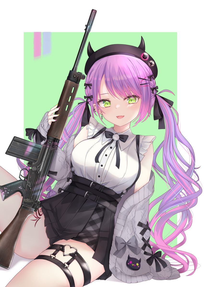 1girl absurdres bangs battle_rifle belt beret bibi_(tokoyami_towa) black_belt black_headwear black_neckwear black_ribbon blush breasts cardigan chicami collared_shirt color_guide commentary cowboy_shot cross cross_earrings drill_hair ear_piercing earrings eyelashes fangs fn_fal frilled_shirt frills green_background green_eyes grey_cardigan gun hair_ornament hair_ribbon hairclip hat hat_pin heart_ring highres holding holding_gun holding_weapon hololive horned_headwear jewelry long_hair looking_at_viewer medium_breasts miniskirt multicolored_hair neck_ribbon o-ring o-ring_legwear off_shoulder official_alternate_costume open_cardigan open_clothes open_mouth parted_bangs piercing pink_hair pleated_skirt pom_pom_(clothes) purple_hair ribbon rifle shirt shirt_tucked_in simple_background sitting skirt sleeveless sleeveless_shirt smile solo streaked_hair suspender_skirt suspenders symbol-only_commentary thigh_strap thigh_tattoo thighs tokoyami_towa twintails two-tone_hair virtual_youtuber weapon white_shirt wing_collar x_hair_ornament