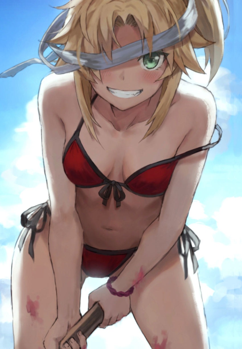 1girl bangs bare_shoulders bikini blonde_hair blue_sky blush braid breasts collarbone fate/grand_order fate_(series) french_braid green_eyes hair_ornament hair_scrunchie highres long_hair looking_at_viewer mordred_(fate) mordred_(swimsuit_rider)_(fate) parted_bangs ponytail red_bikini scrunchie sidelocks sky small_breasts smile solo swimsuit tonee