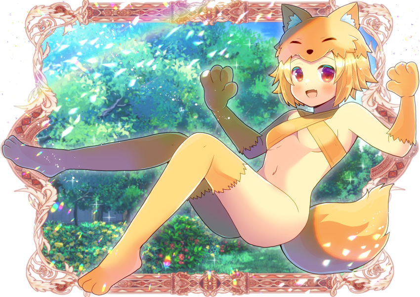 1girl :d animal_feet animal_hands blonde_hair blush bottomless breasts bush commentary_request commission fang flower fox_girl fox_hat fox_tail full_body highres kou_hiyoyo looking_at_viewer moonlight_flower open_mouth ragnarok_online red_eyes red_flower second-party_source short_hair skeb_commission skin_fang small_breasts smile solo sparkle tail textless tree yellow_flower