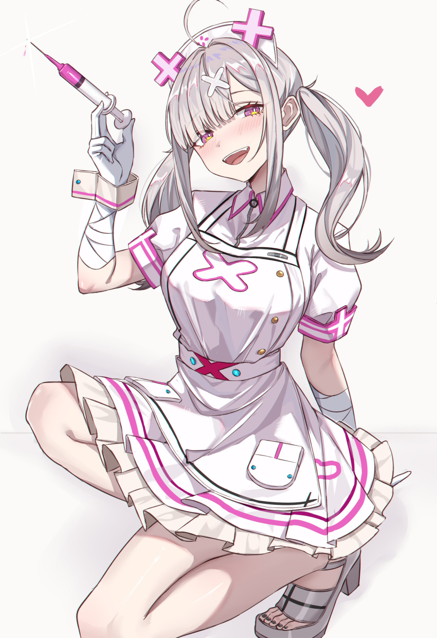 1girl absurdres bandages blush dress gloves hair_ornament hairclip hat heart highres holding holding_weapon laughing looking_at_viewer nijisanji nurse nurse_cap open_mouth simple_background smile solo sukoya_kana tamago_(eva1314056) twintails violet_eyes weapon white_hair