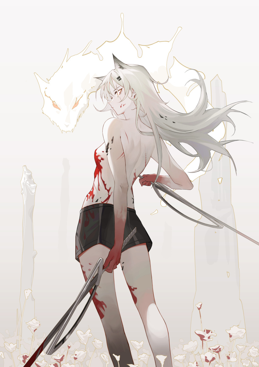1girl absurdres animal_ears arknights back blood breasts eyeliner hair_ornament hairclip highres holding holding_sword holding_weapon krin lappland_(arknights) long_hair looking_at_viewer makeup oripathy_lesion_(arknights) scar shorts solo sword topless weapon white_hair wolf_ears yellow_eyes