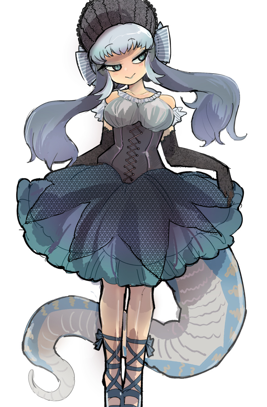 1girl absurdres alternate_costume bangs bare_shoulders closed_mouth corset dress elbow_gloves eyebrows_visible_through_hair frills gloves gothic green_eyes grey_hair half-closed_eyes head_tilt highres igarashi_(nogiheta) kemono_friends komodo_dragon_(kemono_friends) lipstick lizard_tail long_hair looking_to_the_side makeup simple_background sketch sleeveless sleeveless_dress smile solo standing tail twintails very_long_hair white_background