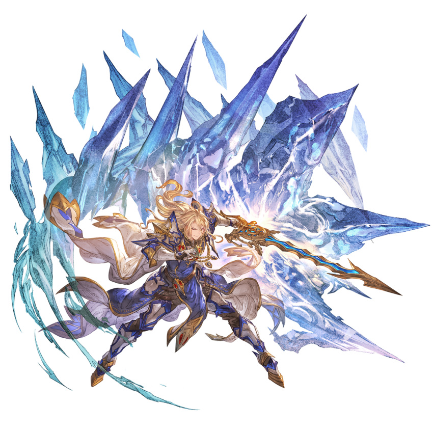 1boy aglovale_(granblue_fantasy) armor blonde_hair gauntlets granblue_fantasy holding holding_weapon ice long_hair looking_at_viewer male_focus minaba_hideo official_art smirk solo sword transparent_background weapon