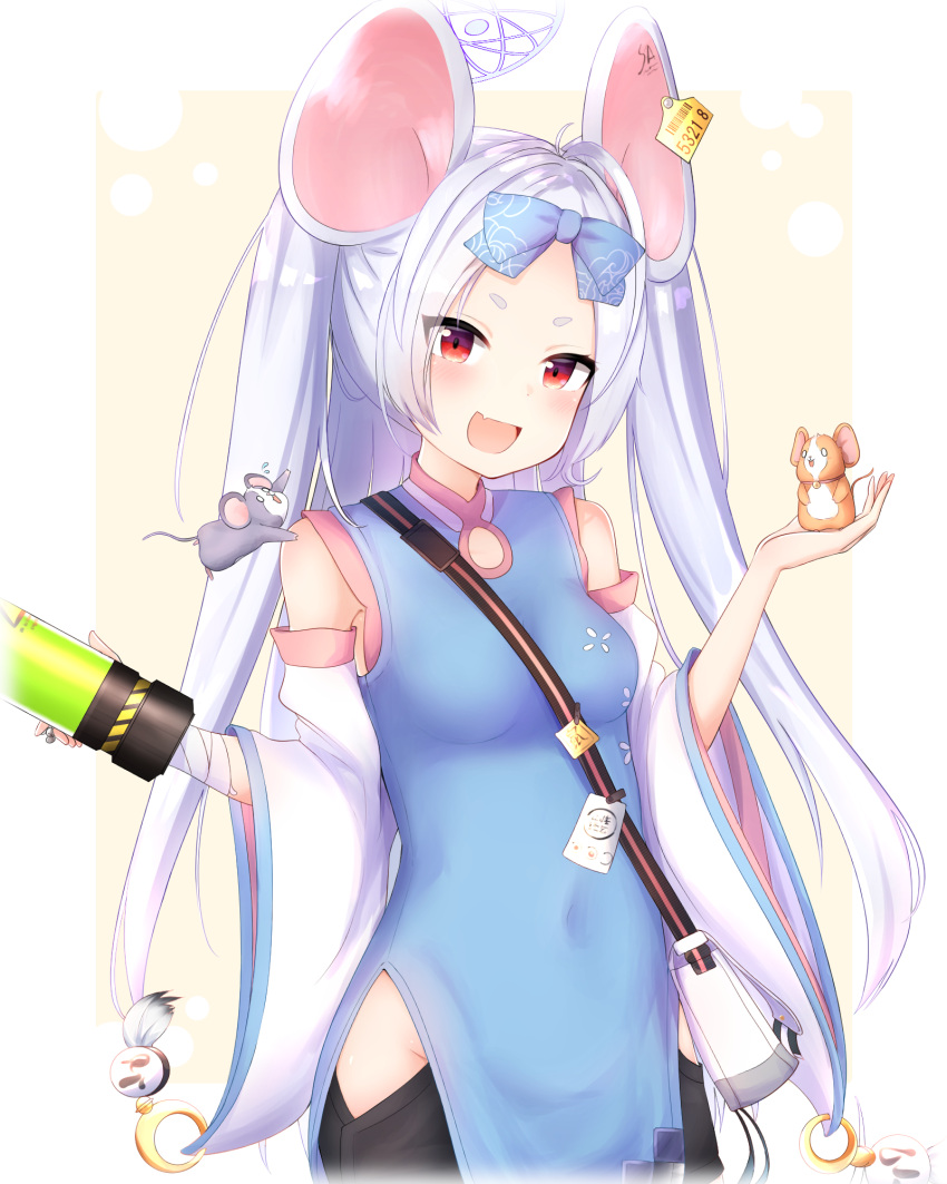 1girl animal_ears blue_archive blush breasts caffeinechara commentary_request hair_ornament highres long_hair looking_at_viewer mouse mouse_ears open_mouth red_eyes ribbon saya_(blue_archive) silver_hair simple_background small_breasts solo vial