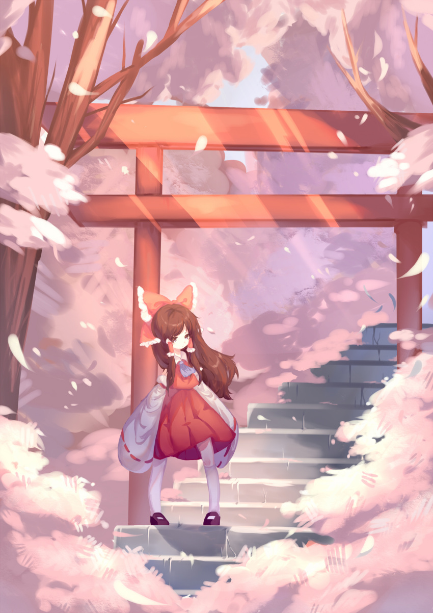 1girl absurdres ascot bangs black_footwear blue_neckwear blue_sky bow branch brown_eyes brown_hair cherry_blossoms closed_mouth collar detached_sleeves dress eyebrows_visible_through_hair full_body hair_ornament hair_tubes hakurei_reimu highres kneehighs long_hair long_sleeves looking_at_viewer petals red_bow red_dress shadow shoes sky solo stairs standing sunlight torii touhou tree white_legwear wide_sleeves zhi_xixi