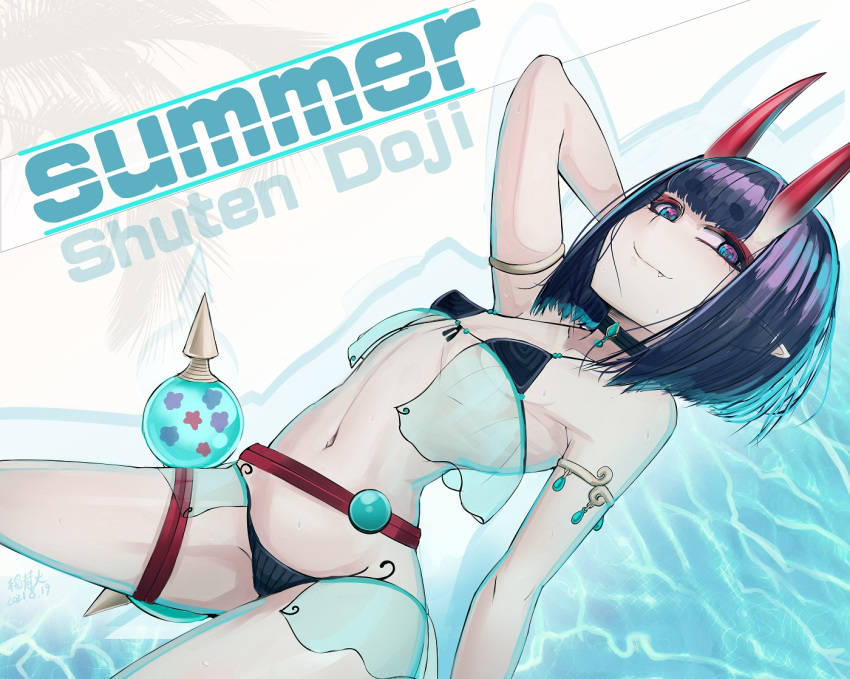 1girl armlet b.d bangs bare_shoulders bikini black_bikini bob_cut breasts character_name collarbone eyeliner fate/grand_order fate_(series) horns looking_at_viewer makeup navel oni oni_horns pointy_ears purple_hair short_hair shuten_douji_(fate) skin-covered_horns small_breasts smile solo swimsuit thighs violet_eyes water