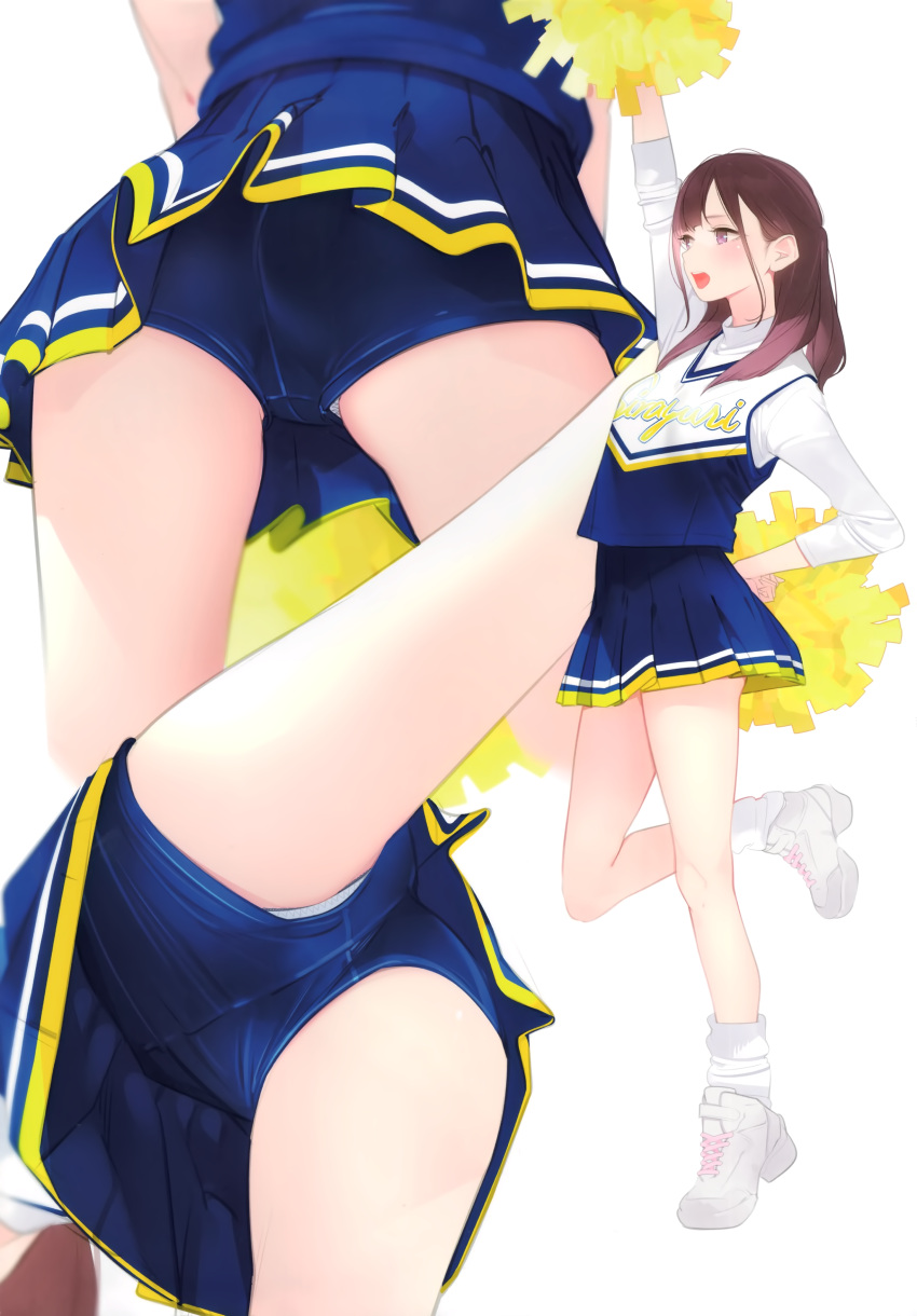 1girl absurdres ama_mitsuki ankle_socks arm_up bangs bare_legs blue_skirt brown_hair cheerleader from_behind from_below full_body hair_behind_ear hand_on_hip highres holding holding_pom_poms knee_up long_hair looking_afar miniskirt multiple_views non-web_source open_mouth original panties panties_under_shorts panty_peek pleated_skirt pom_pom_(cheerleading) scan shirt shoes shorts_under_skirt simple_background skirt sleeveless sleeveless_shirt solo standing tiptoes underwear upskirt white_background white_footwear white_shirt