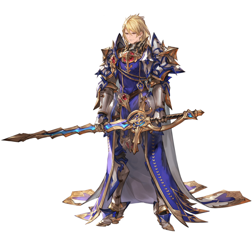 1boy aglovale_(granblue_fantasy) armor blonde_hair gauntlets granblue_fantasy holding holding_weapon long_hair looking_at_viewer male_focus minaba_hideo official_art smirk solo sword transparent_background weapon