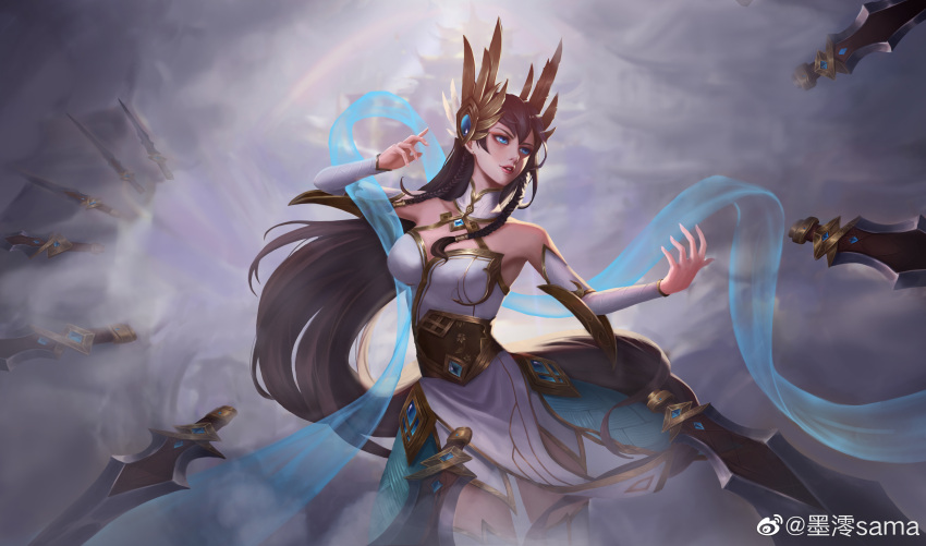 1girl absurdres armor armored_dress artist_name bangs bare_shoulders black_hair blue_eyes breasts collarbone detached_sleeves highres irelia league_of_legends long_hair open_mouth shirt solo sword user_jsfk7484 weapon white_shirt