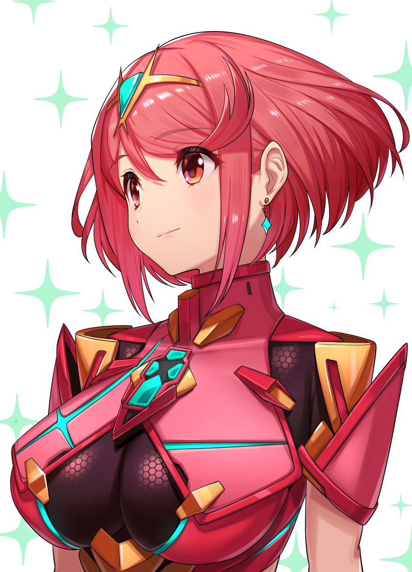 1girl absurdres bangs breasts chest_jewel commentary_request earrings gem green322 headpiece highres jewelry large_breasts pyra_(xenoblade) red_eyes redhead short_hair simple_background solo swept_bangs tiara white_background xenoblade_chronicles_(series) xenoblade_chronicles_2