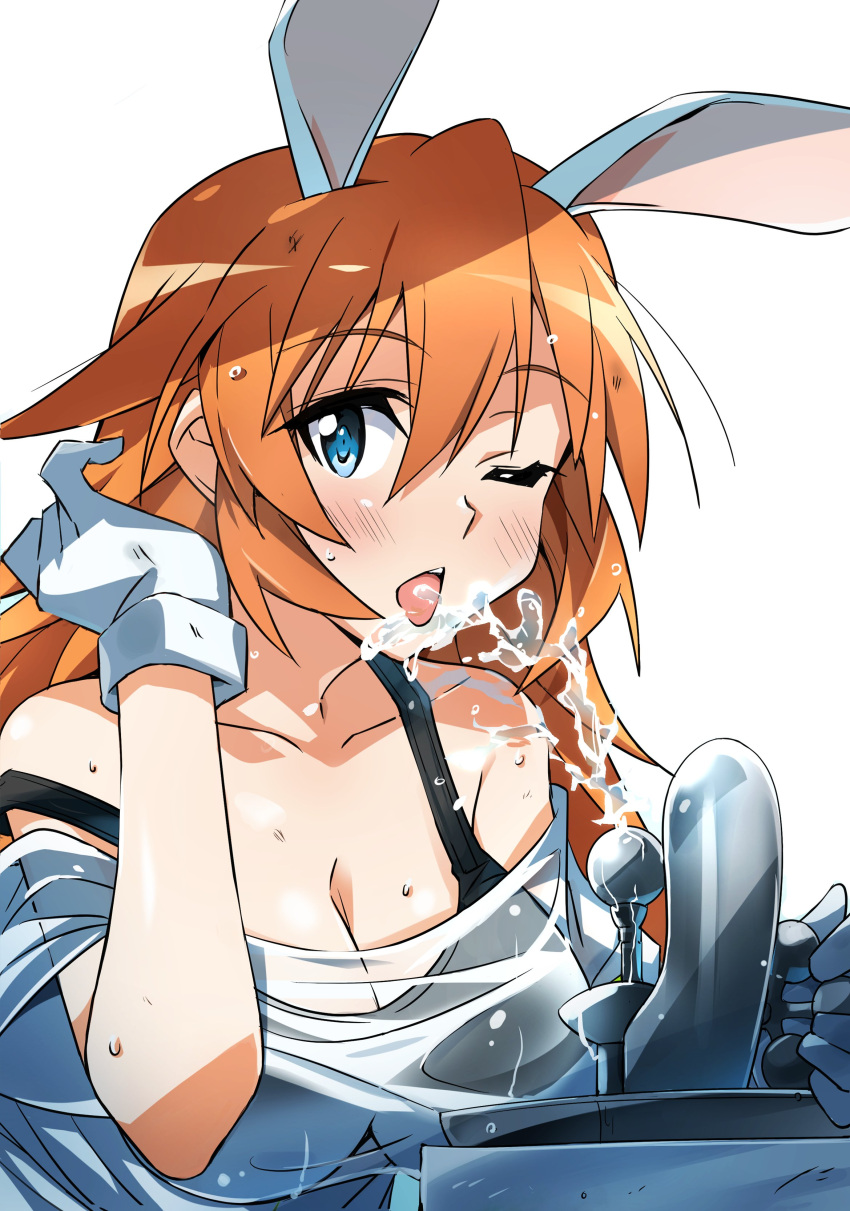 1girl 501st_joint_fighter_wing absurdres animal_ears black_bra blue_eyes bra charlotte_e._yeager drinking drinking_fountain fountain gloves hand_in_hair highres liberion looking_at_viewer orange_hair rabbit rabbit_ears shirt solo strike_witches tokiani underwear water wet wet_clothes wet_shirt white_background white_gloves white_shirt world_witches_series