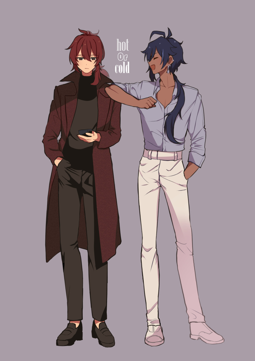 2boys 5mi_gi :d absurdres antenna_hair bangs belt black_footwear black_pants black_sweater blue_hair blue_shirt cellphone coat dark-skinned_male dark_skin diluc_(genshin_impact) earrings genshin_impact highres holding holding_phone jewelry kaeya_(genshin_impact) long_hair low_ponytail male_focus multiple_boys open_mouth pants partially_unbuttoned phone red_coat redhead shirt shoes smartphone smile sweater very_long_hair white_belt white_footwear white_pants