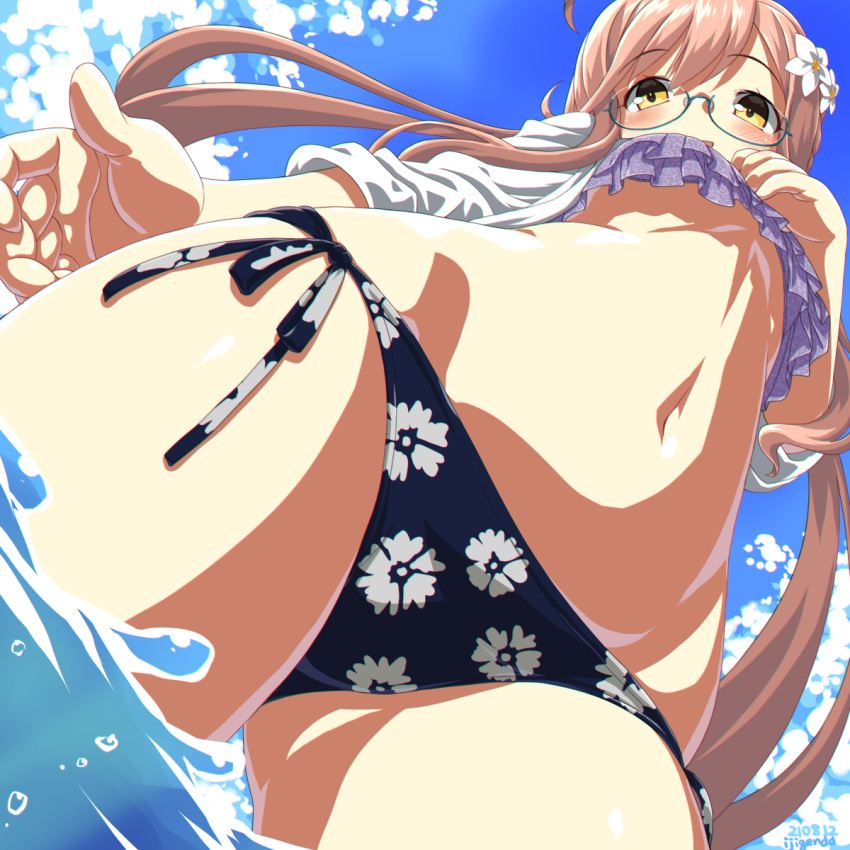 1girl :d ahoge bangs bikini blue_sky clouds cloudy_sky commentary_request dd_(ijigendd) eyebrows_visible_through_hair flower from_below glasses hair_between_eyes hair_flower hair_ornament highres in_water kantai_collection long_hair looking_at_viewer looking_down low_twintails makigumo_(kancolle) midriff navel open_mouth pink_hair side-tie_bikini sidelocks sky smile solo swimsuit twintails yellow_eyes