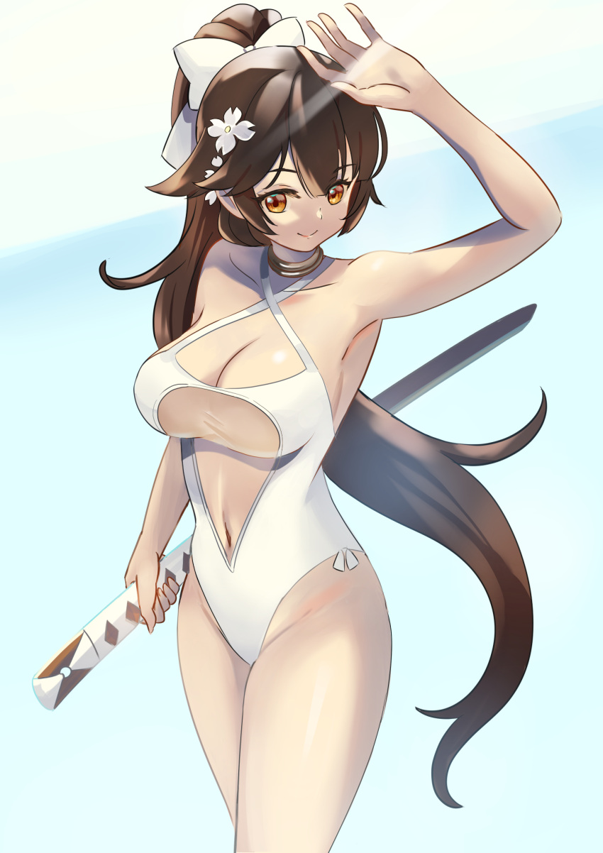 1girl arm_up armpits azur_lane bangs bare_shoulders black_hair blunt_bangs bow brown_eyes collarbone commentary_request eyebrows_visible_through_hair eyes_visible_through_hair flower hair_between_eyes hair_bow hair_flower hair_ornament hair_ribbon highres holding holding_sword holding_weapon katana long_hair looking_at_viewer manjirou_(manji_illust) official_alternate_costume ponytail revision ribbon sidelocks simple_background smile solo swimsuit sword takao_(azur_lane) takao_(beach_rhapsody)_(azur_lane) two-tone_background weapon white_swimsuit